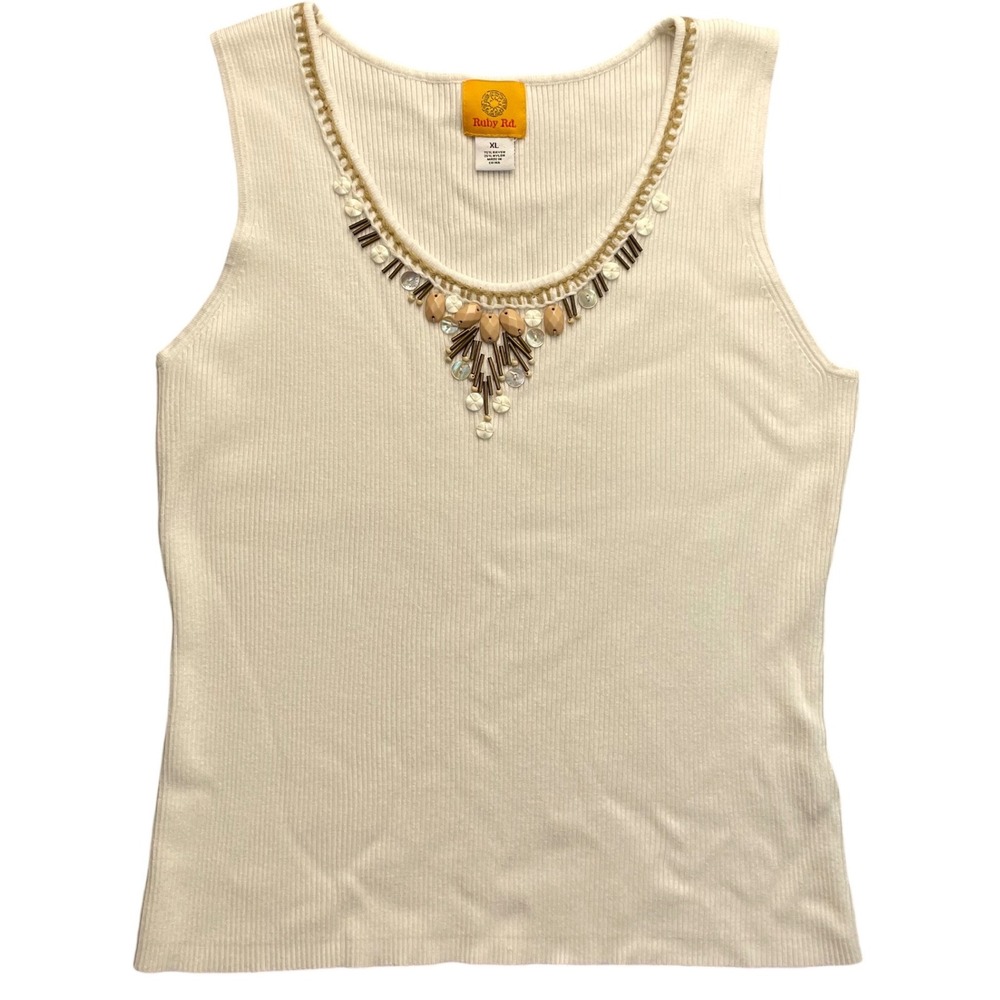 Ruby Rd Women Tank Top Ribbed Beaded Shell Ivory‎ XL Boho Sleeveless